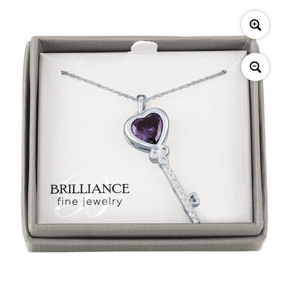 Sterling Silver Amethyst & CZ Heart Key Necklace 18” New Brilliance Jewelry